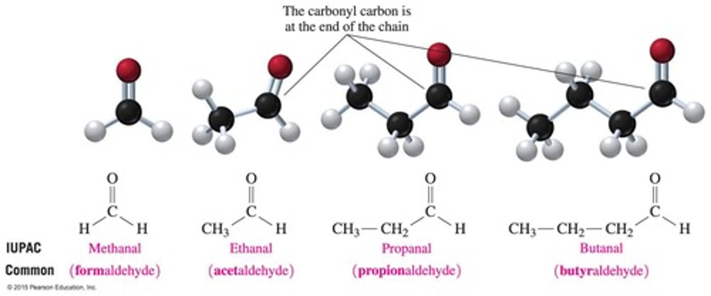 <p>In an aldehyde, the carbonyl group is at the end. In the IUPAC system, name by replacing the e with al.</p>