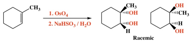 <p>Intermediate: Cyclic osmate ester Regiochemistry: N/A Stereochemistry: Syn</p>