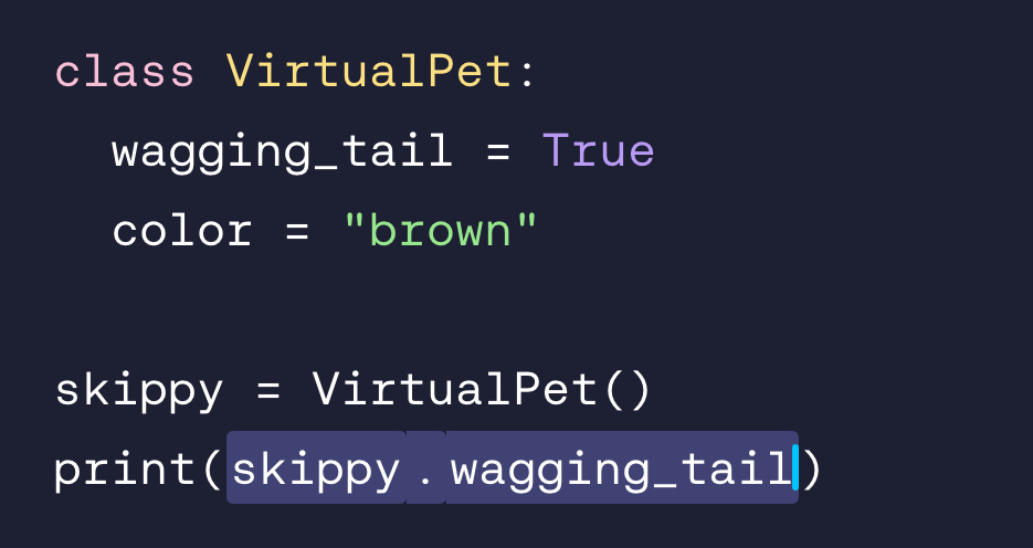<p>To access a class variable, we add the instance name (variable containing class definition), a  .⁠ , and the name of the variable we want. Like  s⁠k⁠i⁠p⁠p⁠y⁠.⁠w⁠a⁠g⁠g⁠i⁠n⁠g⁠_⁠t⁠a⁠i⁠l⁠  here.</p>