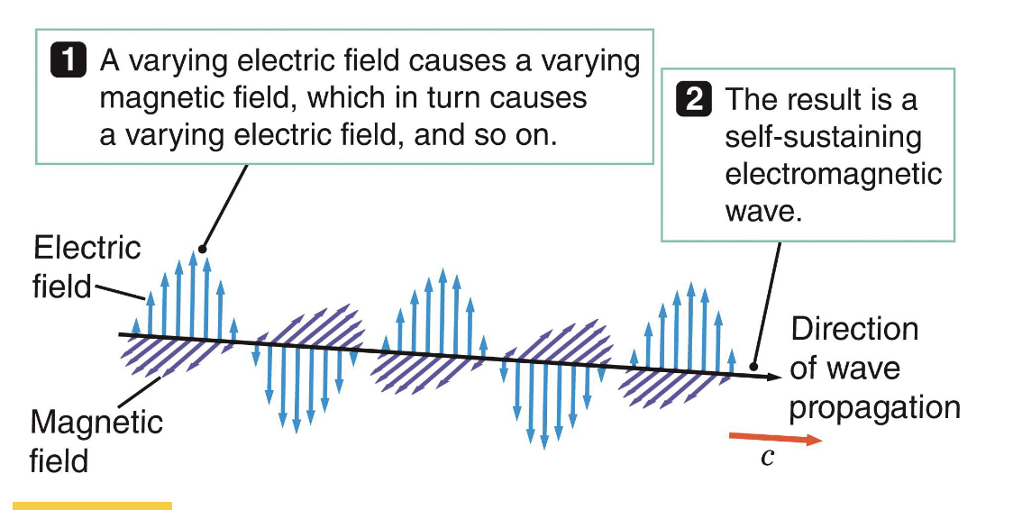 <p>The motion of a charged particle causes the electric field and magnetic field to oscillate, producing an electromagnetic wave, or light.</p><p>ex. Varying electric field cases varying magnetic field, which repeats again causing wave</p><p></p>