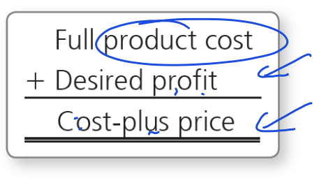 <p>starts with a company’s full product costs and adds its desired profit to determine a cost-plus price</p>