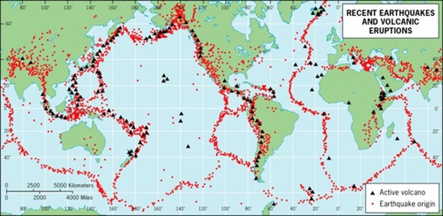 <p>around plate boundaries</p>