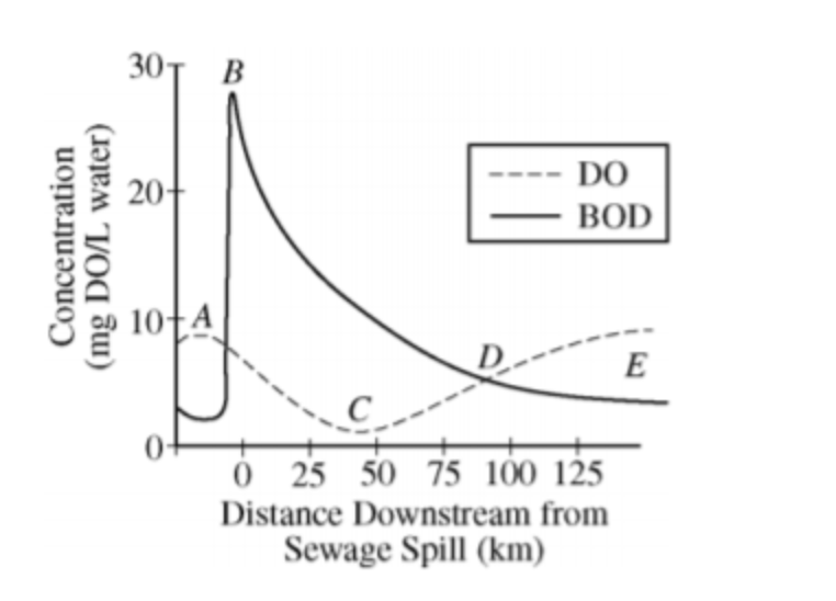 <p>The graph above shows the effect of sewage on biological oxygen demand (BOD) and dissolved oxygen (DO) in a flowing stream. The smallest fish populations will most probably be found at point</p><p><strong>A</strong></p><p><strong>B</strong></p><p><strong>C</strong></p><p><strong>D</strong></p><p><strong>E</strong></p>