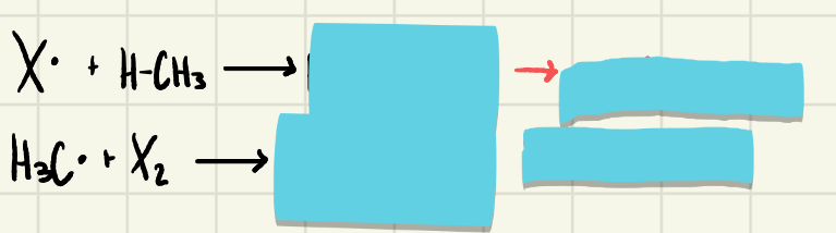 <p>-_______ is faster than _______</p><p>-Chlorination ______ regioselective & forms a mixture of chlorinated products, while bromination yeilds __________ brominated product</p>