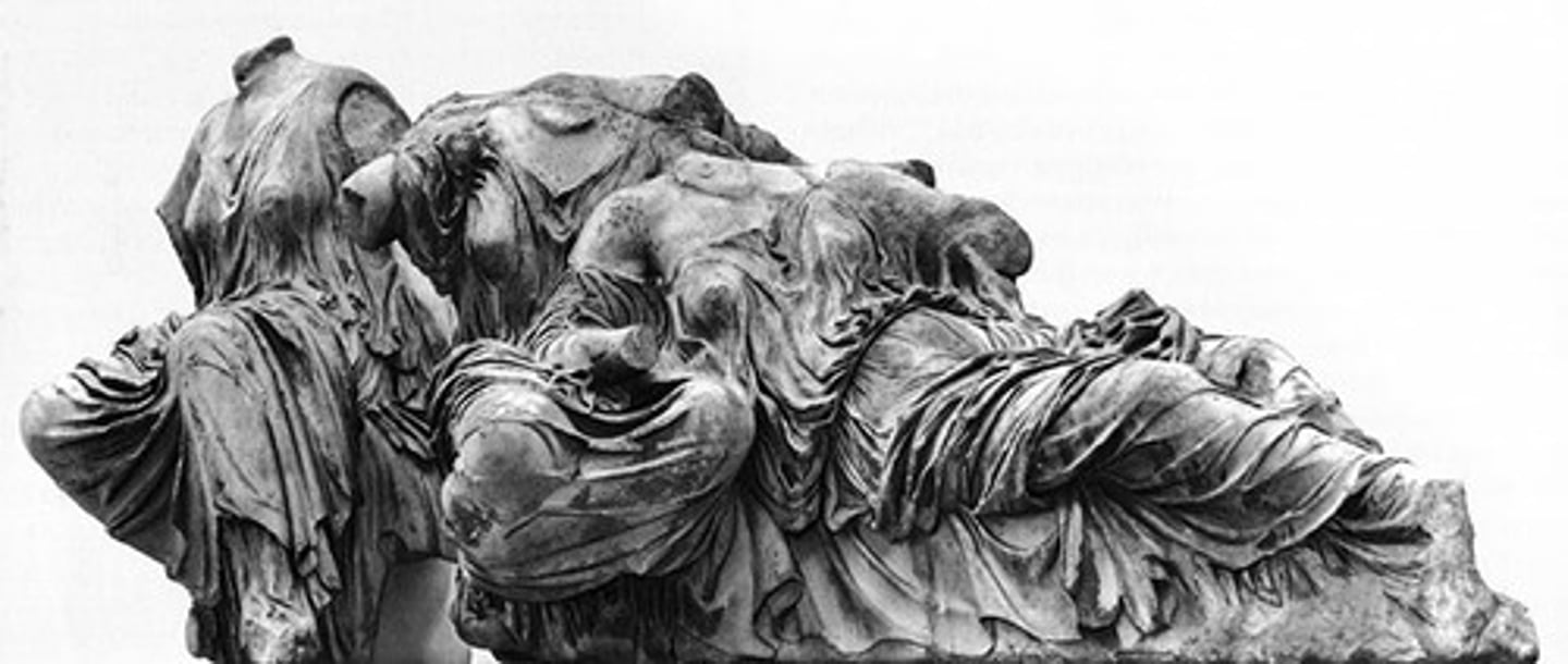 <p>Three goddesses (from the east pediment of the Parthenon); by Phidias; Probably Hestia, Dione, and Aphrodite. Understanding of human form, muscle and bone mechanics, and clothed forms. Heavy fold of garments reveal and conceal main and lesser body masses...also create interesting light and shade</p>