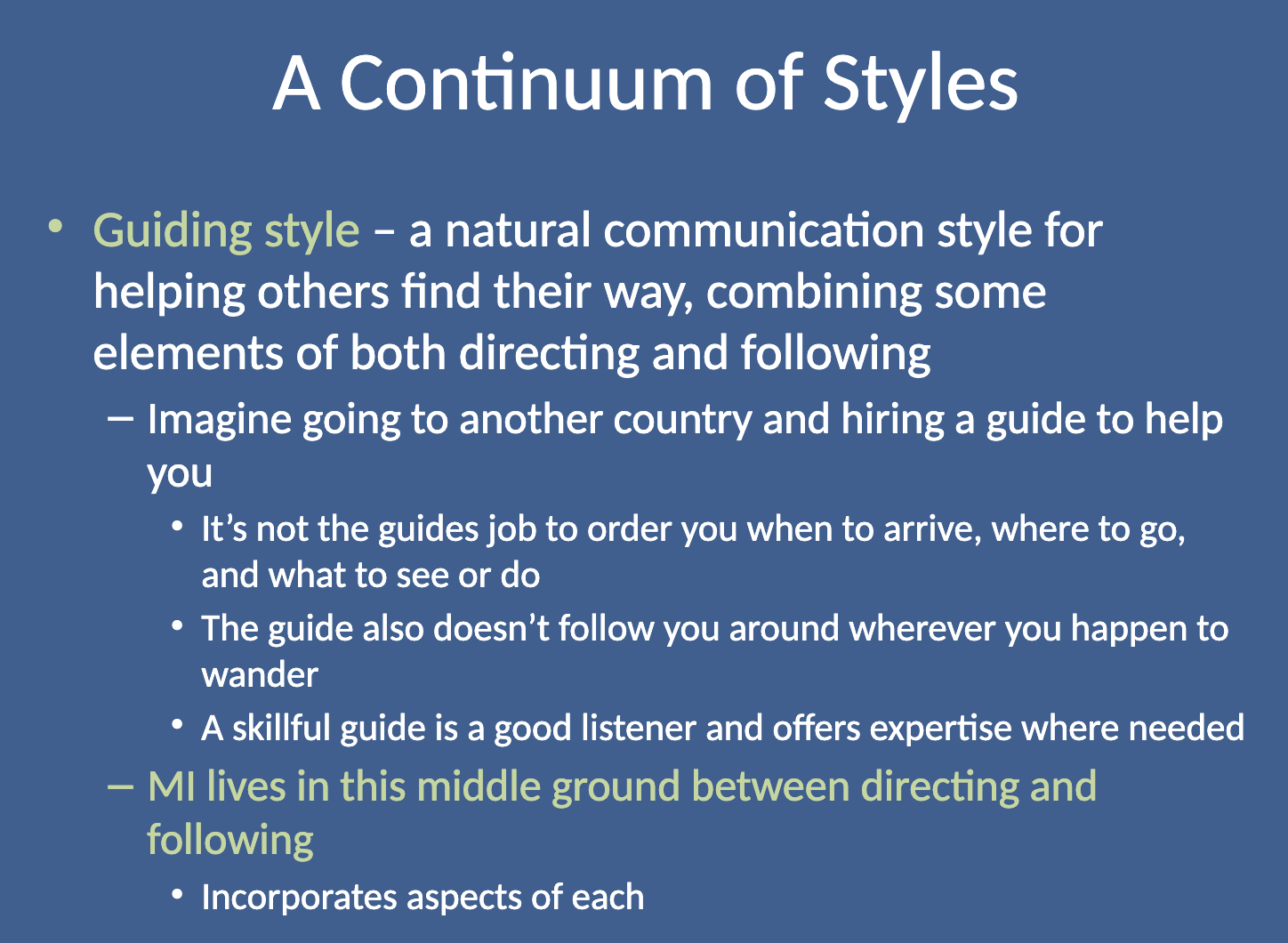 <p><strong>MI lives in the middle ground between directing and following</strong>, combining aspects of both styles to guide individuals effectively.</p>