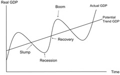 The pattern of economic growth which changes from booms or recovery and recessions or slow growth in a fairly regular pattern. Measured by a change in RGDP