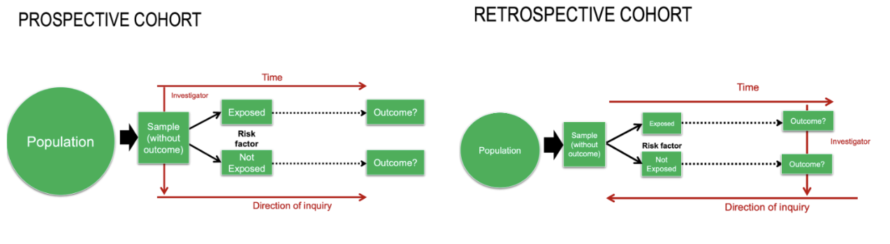 <ul><li><p><span><strong>Prospective or Retrospective.</strong></span></p></li><li><p><span><strong>Prospective: </strong>Follow individuals forward in time.</span></p></li><li><p><span><strong>Retrospective: </strong>Use existing records to look back.</span></p></li><li><p><span><strong>Advantages:</strong></span></p><ul><li><p><span>Establish a temporal relationship.</span></p></li><li><p><span>Good for rare exposures.</span></p></li></ul></li><li><p><span><strong>Limitations:</strong></span></p><ul><li><p><span>Time-consuming, costly.</span></p></li><li><p><span>Loss to follow-up and selection bias</span></p></li></ul></li></ul><p><span><strong><mark data-color="red" style="background-color: red; color: inherit">Participants are selected on the basis of exposure Participants are then followed up to identify whether or not they have the outcome</mark></strong></span></p>