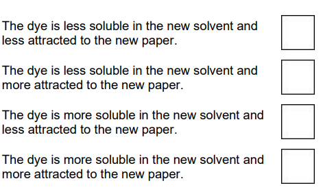 <p>The Rf value of a dye depends on: </p><ul><li><p>the solubility of the dye in the solvent </p></li><li><p>the attraction of the dye to the paper</p></li></ul><p>what changes will produce <strong><em>a smaller Rf value</em></strong> if <u>the solvent and paper are changed?</u></p>