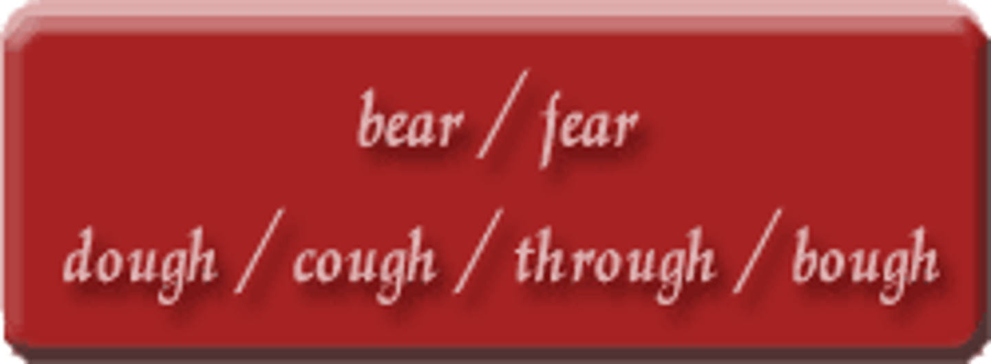 <p>Depends on spelling rather than sound; words that look like they should rhyme, but do not</p>