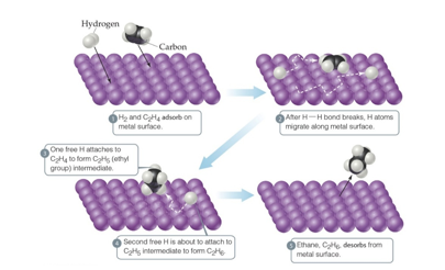 <p>The catalyst is in a different phase than the reactants</p><p>Often, gases are passed over a solid catalyst</p><p>The adsorption of the reactants is often the rate-determining step</p>