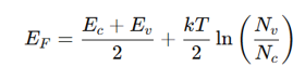 <p>where:</p><ul><li><p>E_F<span style="font-family: Arial, sans-serif">​</span> = Fermi energy</p></li><li><p>E_c, E_v<span style="font-family: Arial, sans-serif">​</span> = Conduction and valence band energies</p></li><li><p>N_v, N_c<span style="font-family: Arial, sans-serif">​</span> = Density of states</p></li><li><p><strong>For intrinsic semiconductors</strong>, E_F<span style="font-family: Arial, sans-serif">​</span> lies close to the middle of the band gap.</p></li></ul><p></p>