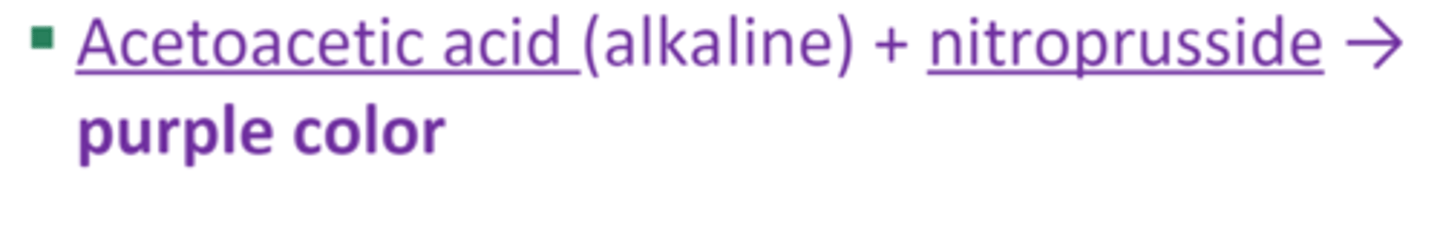 <p>Acetoacetate reacts with nitroferricyanide (or nitroprusside) embedded in the pad to produce a purple color.</p>