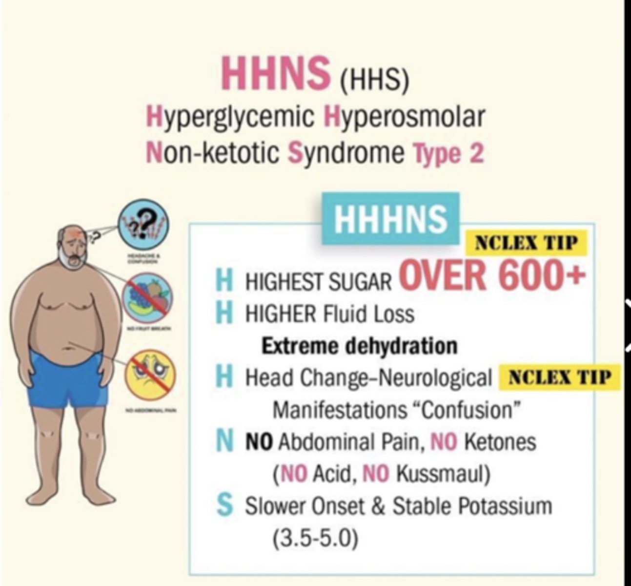 <p>- hallmark s&amp;s: dehydration! affects LOC</p><p>- due to hyperosmolarity (eg. 320 mmol/L) &amp; hyperglycaemia (eg. 32 mmol/L)</p>