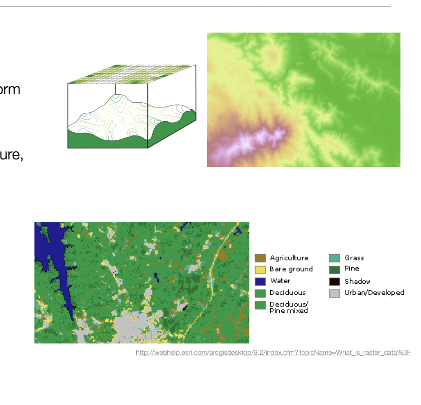 <p>Continuous rasters: Shows gradual changes / cell values vary continuously to for surface. Ex: elevation, temp., density.</p><p>Discrete rasters: classifies data into categories. Ex: land cover, soil types, species comp.</p>