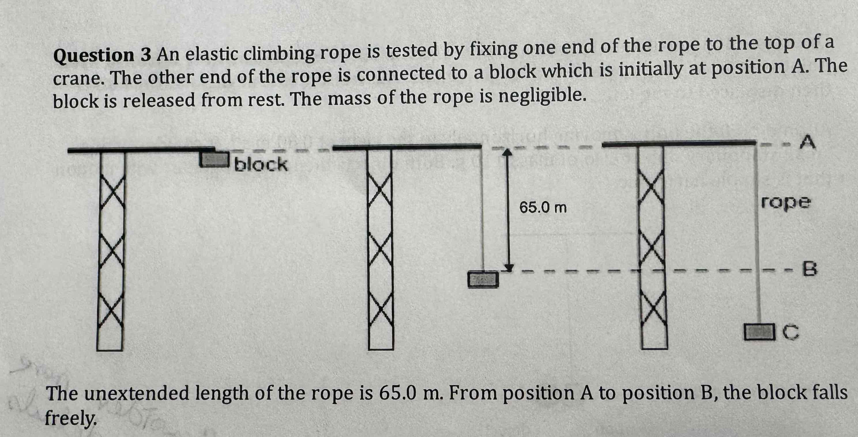 <p>Question three continued - [two marks] the length reached by the rope at sea is 77.4 m. Using energy, consider considerations, determine the elastic constant of the rope.</p>