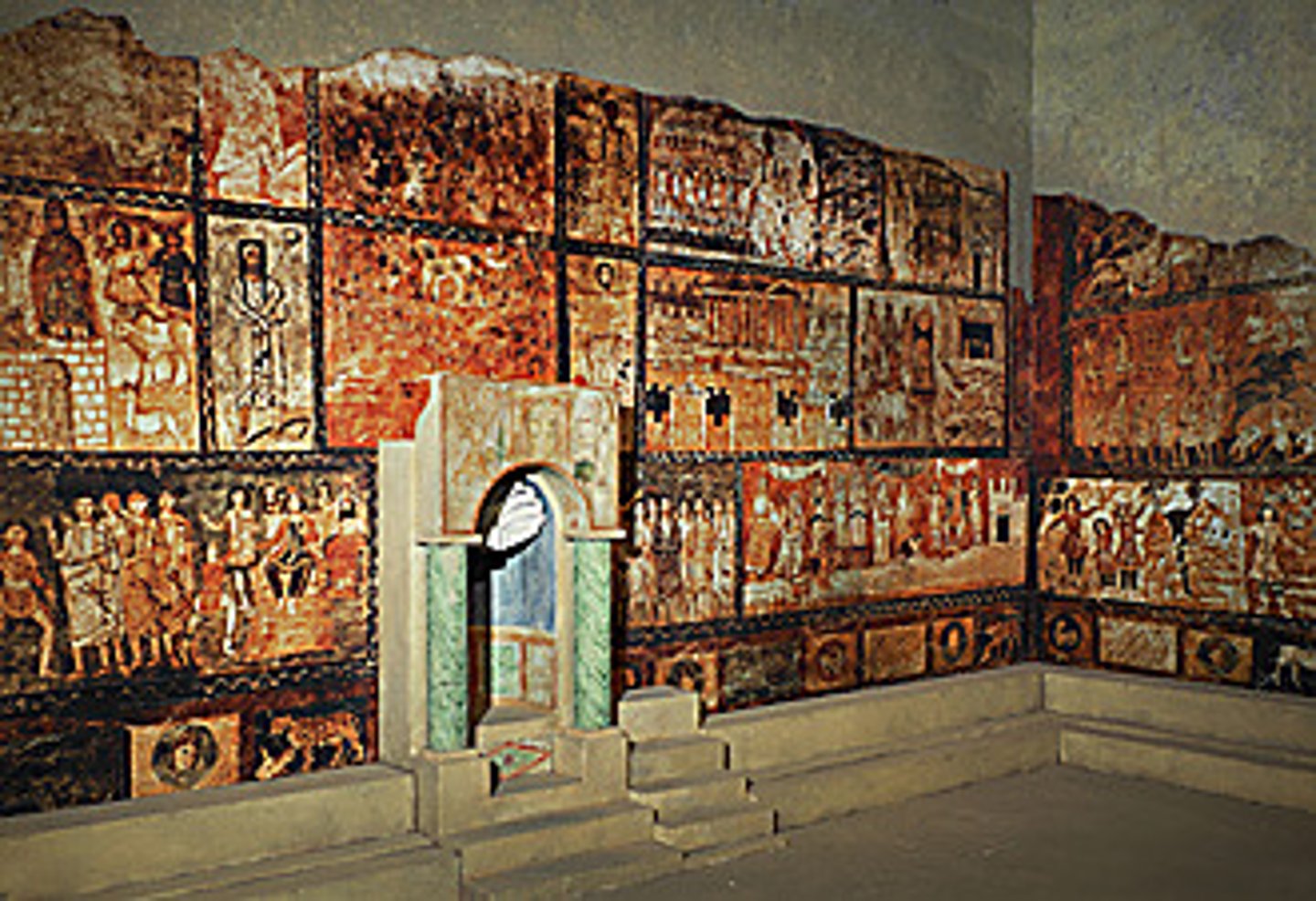 <p>Significance: Earliest synagogue found outside Israel</p><p>Decoration: Elaborate wall paintings with biblical scenes (Moses, Aaron, Esther)</p><p>Color Palette: Greens and yellows, wider range than other religious buildings</p><p>Historical Context: Shows Jewish communities integral to Roman urban landscape</p><p>The synagogue paintings were important because they provided the earliest surviving example of continuous biblical narrative painting, revealing the vibrant and complex culture of the Jewish community.</p>
