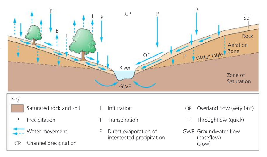<p>Cycle has single input/ percipitation (PPT) and two major losses (output), evapotranspiration and run-off. A third output, leakage, may also occur from the deeper subsurface to other basins. The drainage basin system is an open system as it allows the movement of energy and matter across its boundaries. </p>