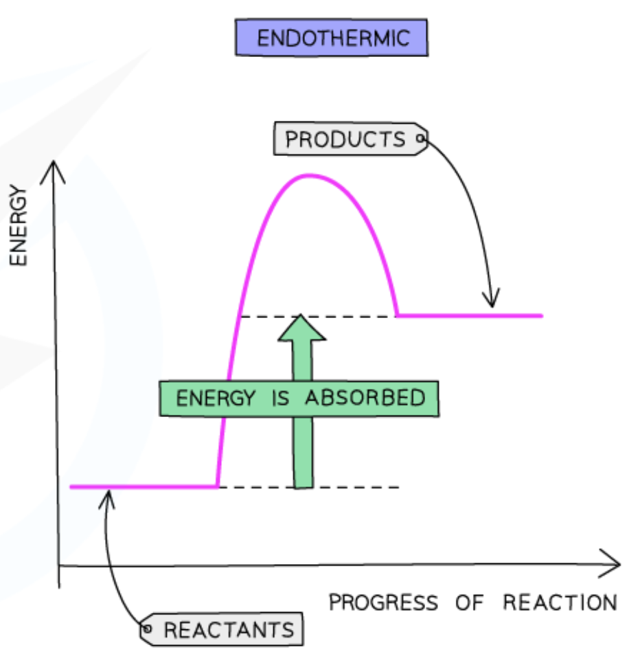 <ul><li><p>energy is taken in endothermic reactions</p></li><li><p>energy of the products will be higher than the energy of the reactants</p></li><li><p>so the change in energy is positive</p></li><li><p>this is represented on the reaction profile with an upwards arrow</p></li><li><p>horizontal line to the left of the positive curve is the reactants</p></li><li><p>horizontal line to the right of the positive curve is the products</p></li><li><p>activation energy is the maximum value of the curve</p><p></p></li></ul><p></p>