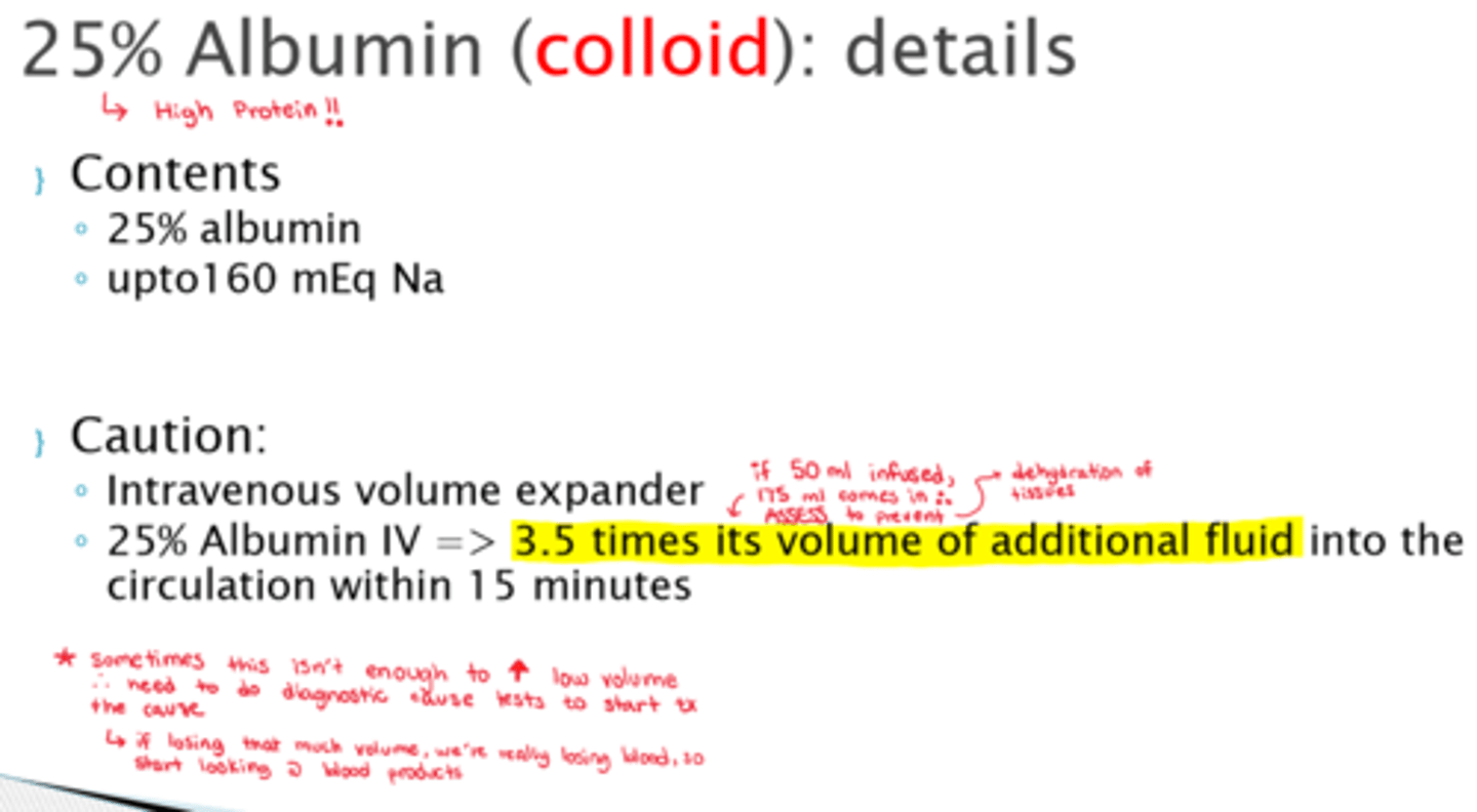 <p>- 25% albumin</p><p>- up to 160 mEq Na</p><p>*high protein</p>