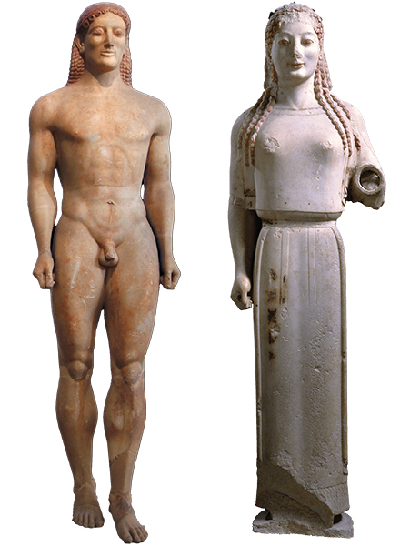 <p>stylized Greek statues from the Archaic period of young men or women</p>