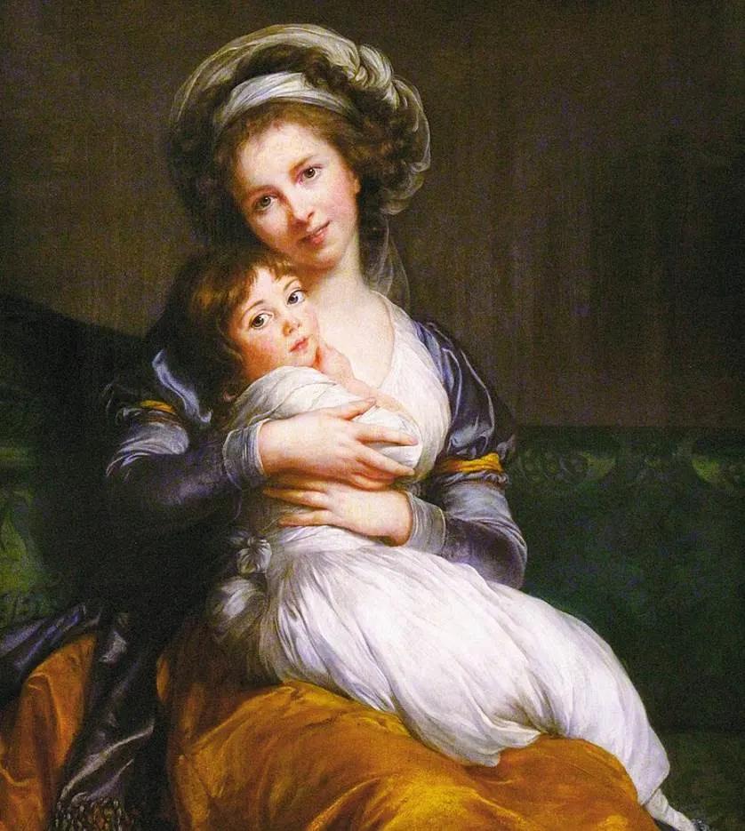 <p>Reference to Raphael <em>Madonna and Child</em>. Shows herself as a good mother. Natural unpowdered hair, turban, holding her child close with a soft smile.</p>