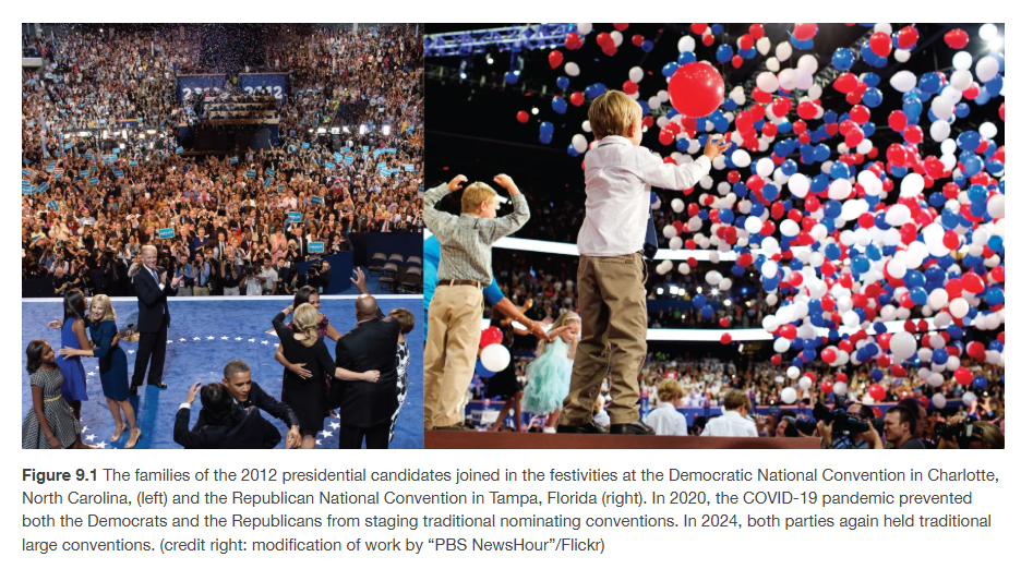 <p><span><span>In 2012, Barack Obama accepted his second nomination to lead the Democratic Party into the presidential election (</span></span>Figure 9.1<span><span>). Explain.</span></span></p>