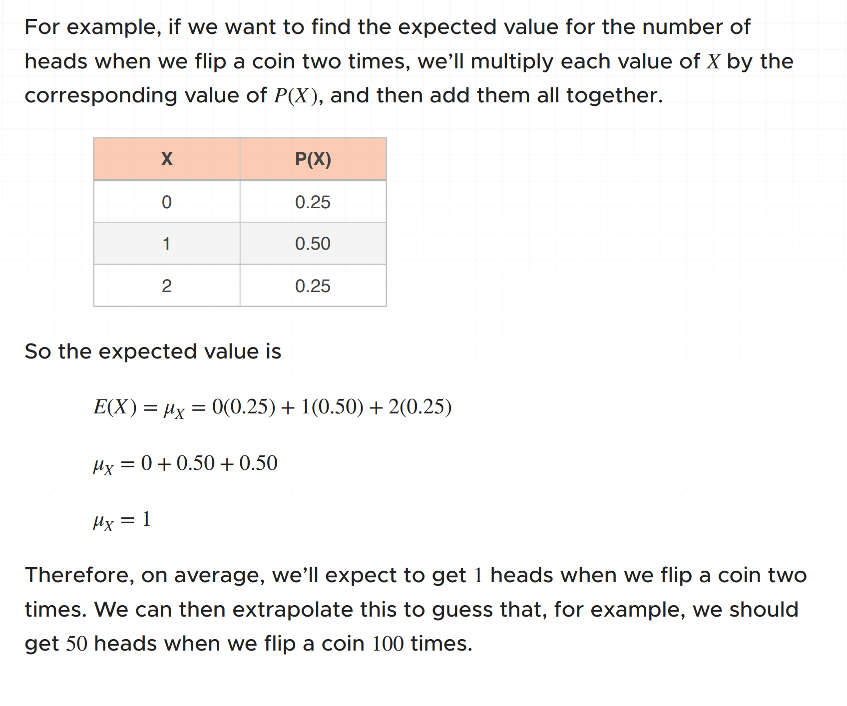 <p>Once we have a probability distribution for a discrete random variable, X, we can calculate the expected value E(X), which is the mean of X. The way we handle that with a discrete variable is by “weighting” each value.</p>