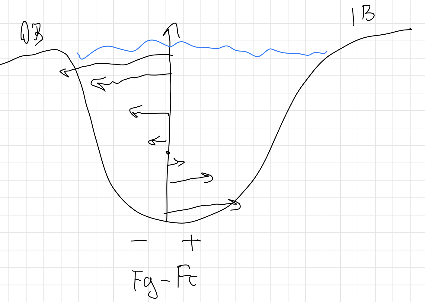 <p>gravitational force dominates at bed, centripetal force dominates at surface</p>