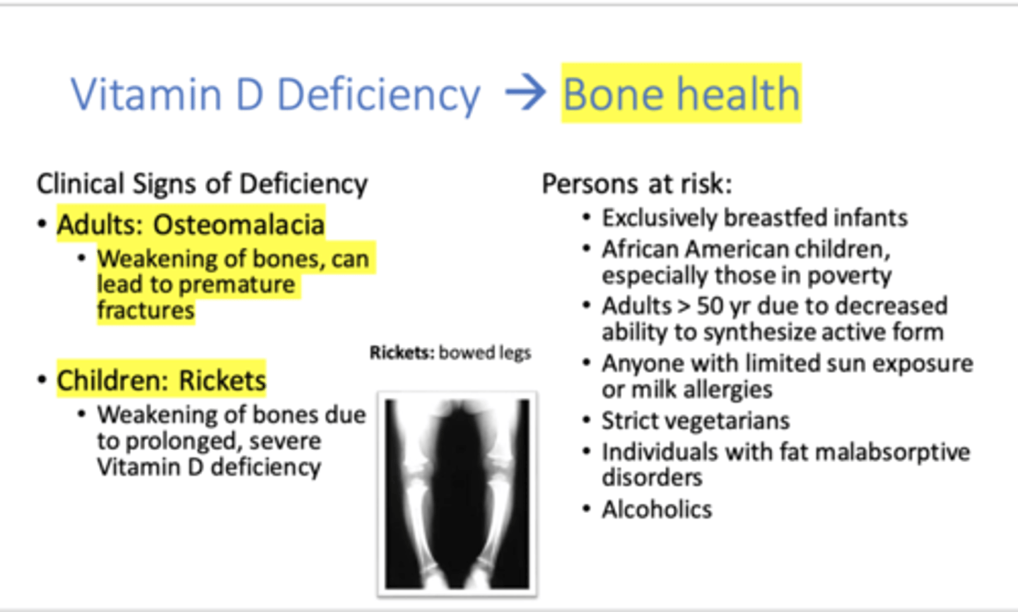 <p>Softening and weakening of bones</p><p>Rickets = Bowed legs, bilateral knee pain</p><p>Osteomalacia = Muscle weakness, bone pain</p>