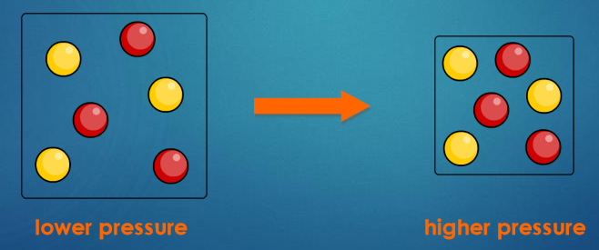<ul><li><p>The pressure of gaseous reactants increase the rate of a reaction</p></li><li><p>As the pressure increases, the space in which the gas particles are moving becomes smaller.</p></li><li><p>The gas particles become closer together, increasing the frequency of collisions,. This means that the particles are more likely to react.</p></li></ul><p></p>