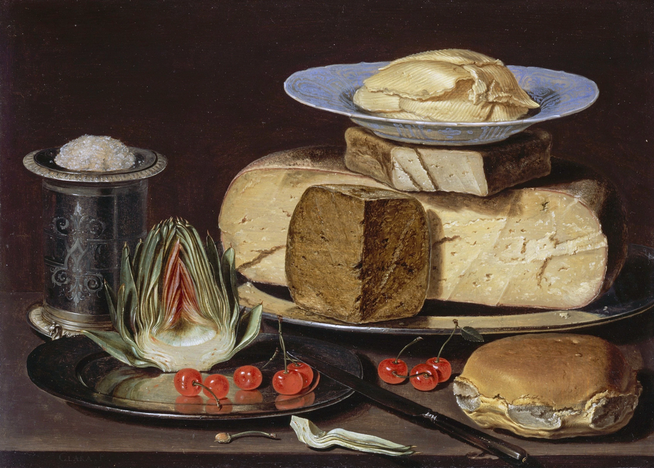 <p><span style="color: rgb(255, 255, 255);"><span>Clara Peeters, Still Life with Cheese, Artichoke, and Cherries, 1625</span></span></p>