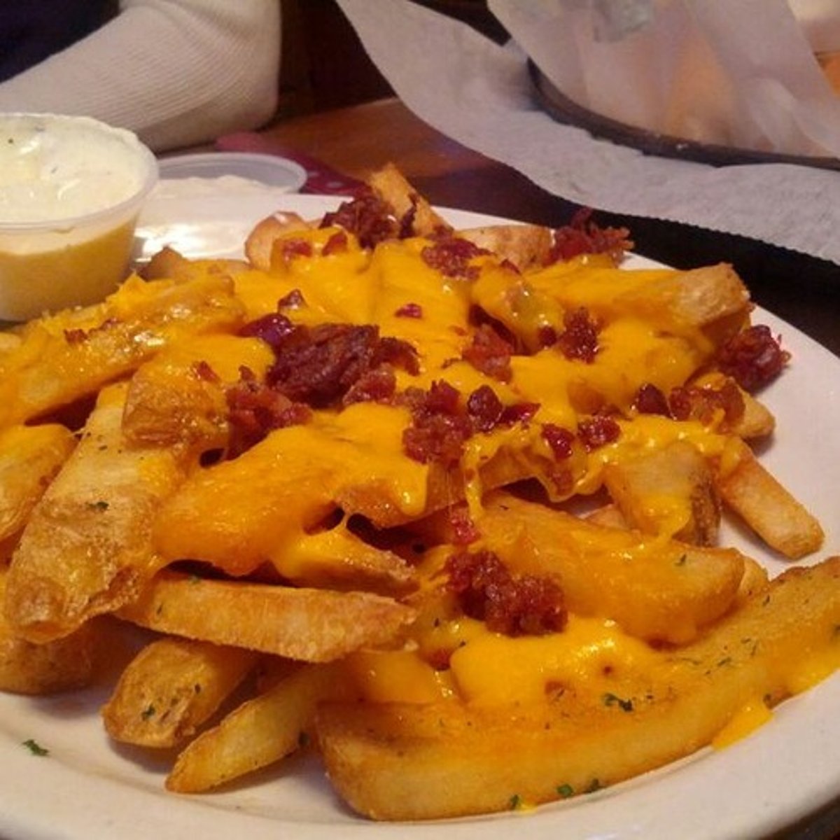 <p>seasoned steak fries smothered with cheddar cheese and bacon bits (may be topped with chili)</p><p>ranch dressing and jalapeño slices(upon request)</p><p>Large warm oval</p>