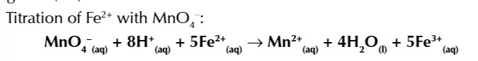 <p>titration reaction of the reducing agent Fe<sup>2+</sup> against the oxidising agent Manganate 7 (MnO<sub>4</sub>)</p>
