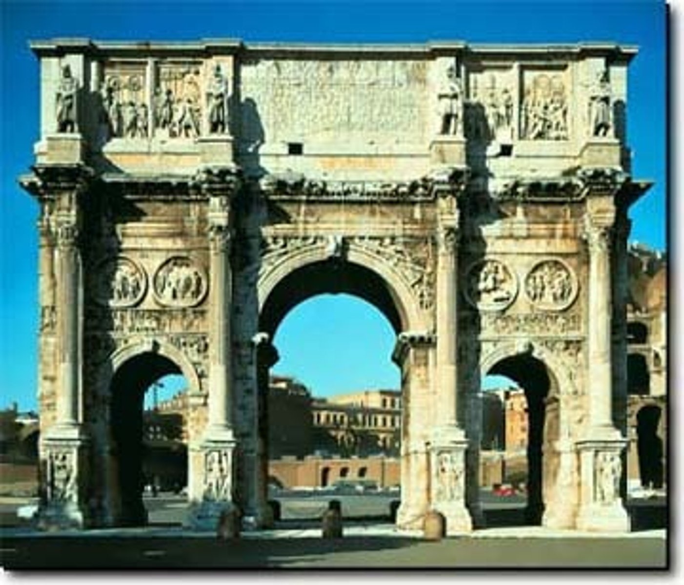 <p>-Next to colosseum</p><p>-Post Milvan bridge 312 CE</p><p>-Three bay (like arch of Septimius Severus)</p><p>-Triumphal procession frieze (taken from other places)</p>