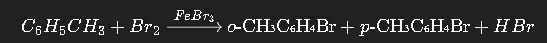 <p>They react to form a mixture of two isomers of bromotoulene as the bromine atom can either subsitute the 2C (ortho) or 4C (para position) on the atomic ring. In addition, hydrogen bromide tends to form as some of the displaced hydrogen atoms can form with the bromine</p>