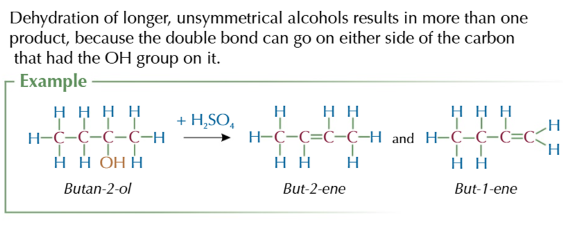 <p>dehydration of longer unsymmetrical alcohols produce multiple products</p>