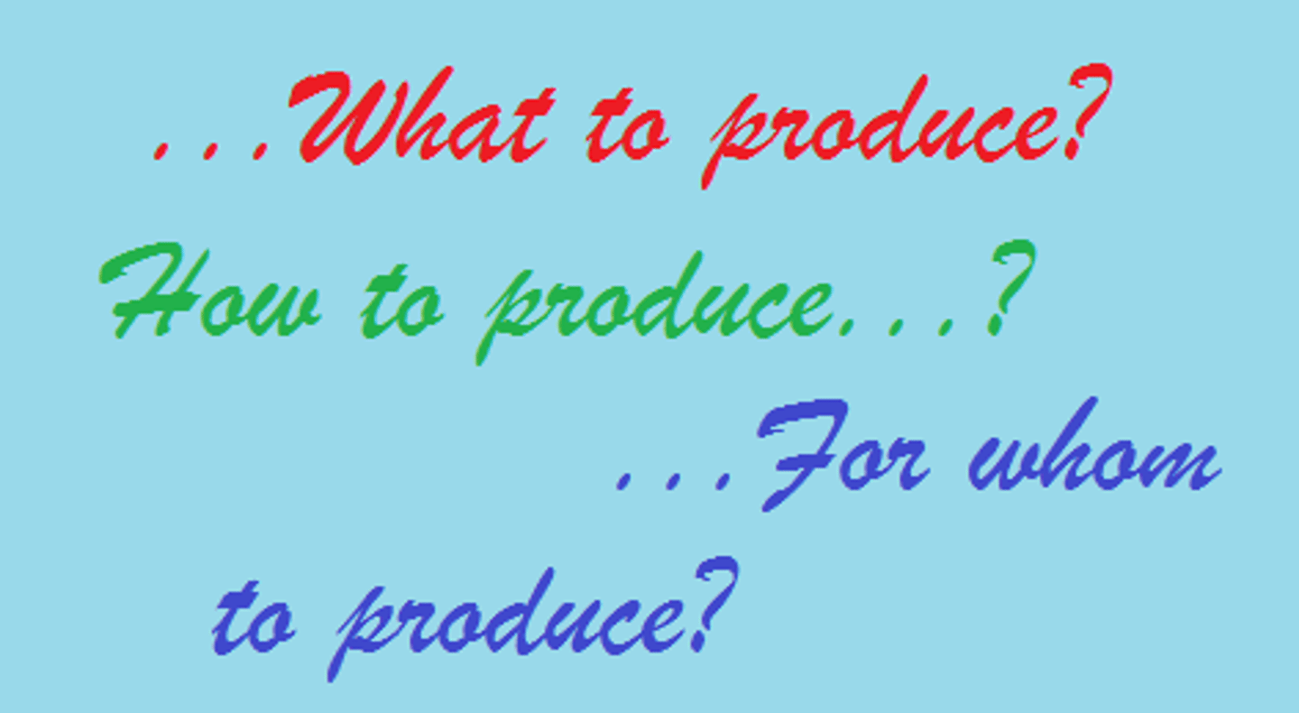 <p>What to produce? How to produce? For whom to produce?</p>