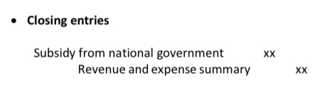 <p>Dr. Subsidy from national government</p><p>Cr. Revenue and expense summary</p>