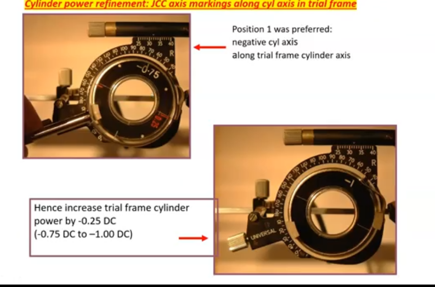 <p>red markings correspond to the axis of the minus cyinder </p><p>knowing if they want more minus or less minus cylinder</p><p>px prefers position 1: which is the negative meridian along axis of trial cylinder axis </p><p>so increase trial frame cylinder by -0.25DC= -1.00 DC </p><p>keep it at the same axis (155)</p>