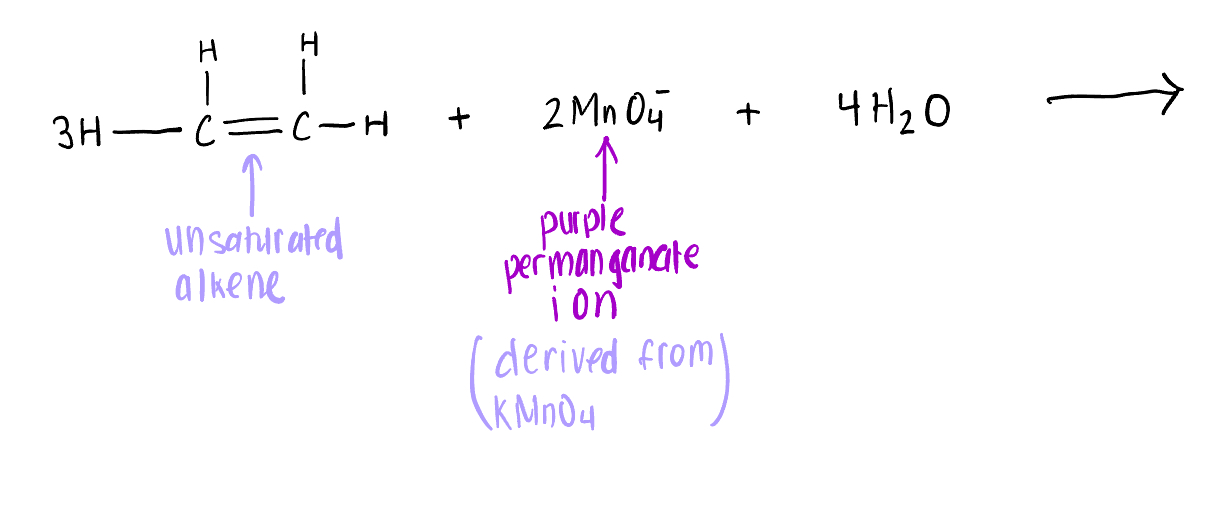 <p>Draw the products for the Potassium Permanganate (MnO4)  Test involving the reaction between a C=C 2x-bond and 2MnO4-  </p>