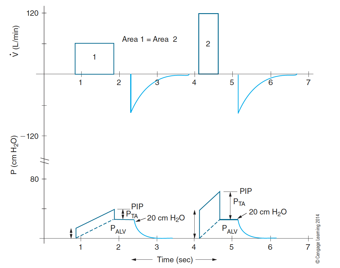 <p>An increase in inspiratory flow or airflow resistance would show an unchanged _______ but increased</p>