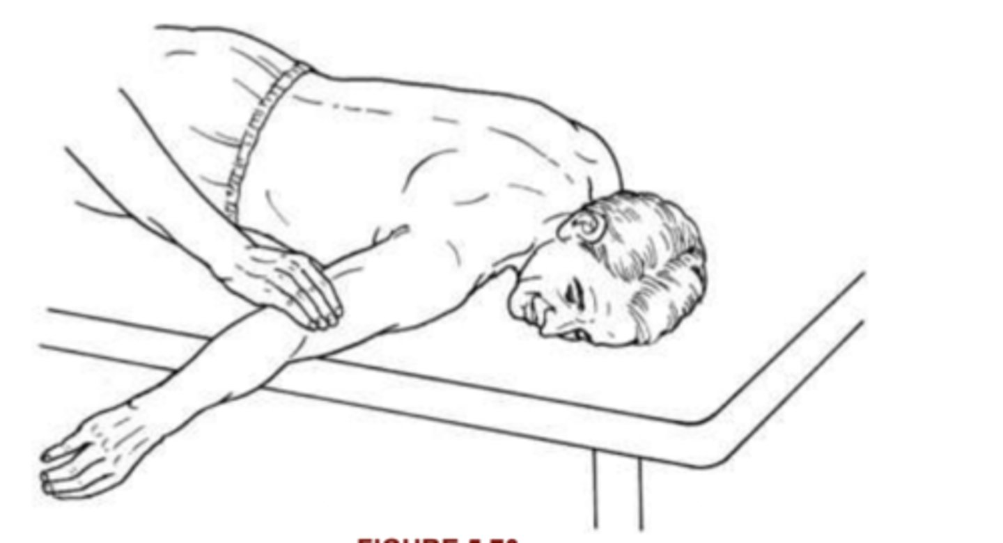 <p>-post delt</p><p>Position: prone, shoulder abd to 90, forearm off edge w/ straight elbow</p><p>Instruction: stand at side, ask to lift elbow to ceiling, resist over distal humerus, support trap</p><p>2/5: partial rom</p><p>3/5: full rom w/out resistance (elbow can be flexed)</p><p>4/5: hold against strong resistance w/ wobble</p><p>5/5: hold against max resis completely stable</p>