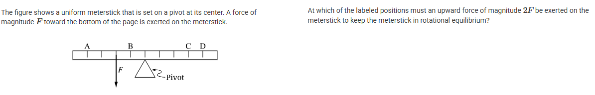 <p><span>At which of the labeled positions must an upward force of magnitude 2F be exerted on the meterstick to keep the meterstick in rotational equilibrium?</span></p>