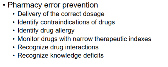 <ul><li><p>identify drug allergy</p></li><li><p>recognize drug interactions</p></li><li><p>delivery of the correct dosages</p></li></ul><p></p><p><strong>LO: Identify drug allergy, recognize drug interactions, delivery of the correct dosage are</strong></p><p><strong>good practices to help prevent pharmacy errors</strong></p>