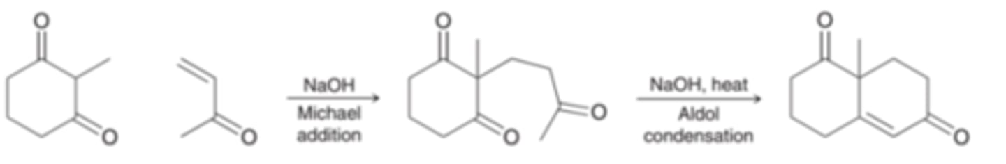 <p>forms a ring, Michael addition is followed by an intramolecular aldol condensation</p>