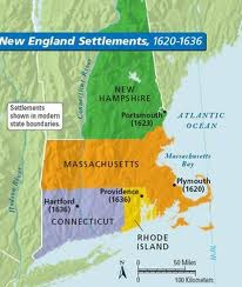 <p>Group of American colonies made up of Connecticut, Massachusetts, Rhode Island, and New Hampshire which were characterized by having little slavery and few plantations, strong religious ties (Puritan), and fishing, lumber, shipbuilding, and furs to support the economy</p>