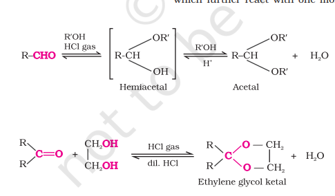 <ul><li><p>Aldehydes react with <strong>one equivalent of monohydric alcohol</strong> in the presence of<strong> dry HCl gas </strong>to yield alkoxy alcohol intermediates known as <strong>hemiacetals</strong></p></li><li><p>Hemiacetals on further reaction with one more <strong>molecule of alcoho</strong>l give <strong>acetals</strong></p></li><li><p>Ketones <strong>do not react with monohydric alcohols </strong>but they <strong>react with dihydric alcohol</strong> such as ethylene glycol to give <strong>cyclic ketals</strong></p></li><li><p>Acetals and ketals hydrolysed by dilute acids generate original aldehydes and ketones</p></li></ul>