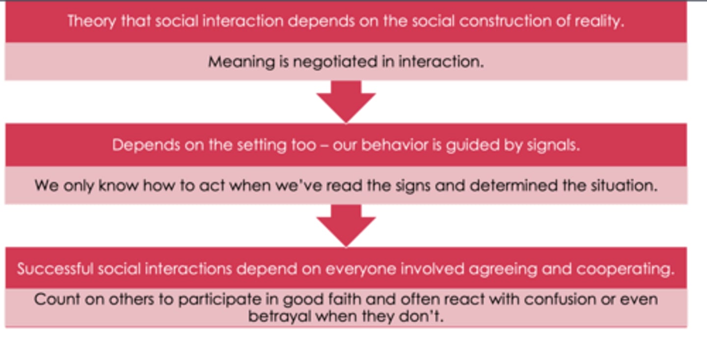 <p>theory that social interaction depends on the social construction of reality (meaning is negotiated in interaction) --> depends on setting behavior is guided by signals --> successful social interactions depend on everyone involved agreeing and cooperating</p>