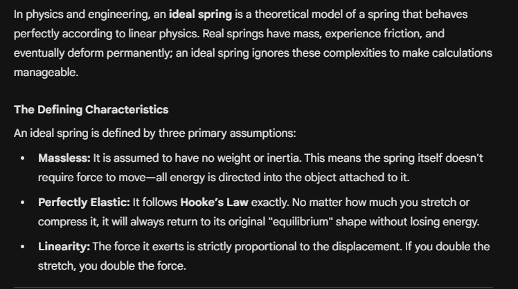 <p>An ideal spring has no mass and loses no energy (it is perfectly elastic, and therefore a conservative force, we will talk about conservation forces later). We are now considering a point mass on a spring (ignoring friction) that is oscillating back and forth,</p>